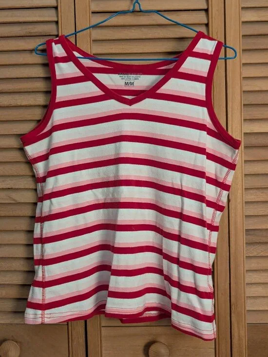 Women's Basic Editions Red/Pink/White Striped Sleeveless Tank Top - Size M