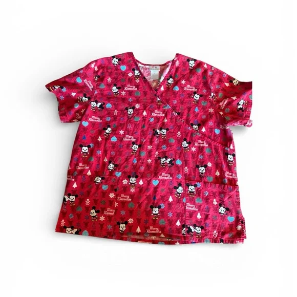 Disney Cuties Red Mickey Mouse Christmas Print Women's Scrub  Top