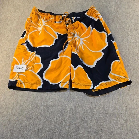 Speedo Mens Swim Trunks Orange Black Hibiscus Floral Mesh Lined Board Shorts M‎