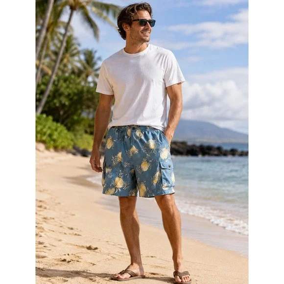 Tommy Bahama Mens Blue Pineapple Print Swim Trunks Bungalow Cargo Shorts L
