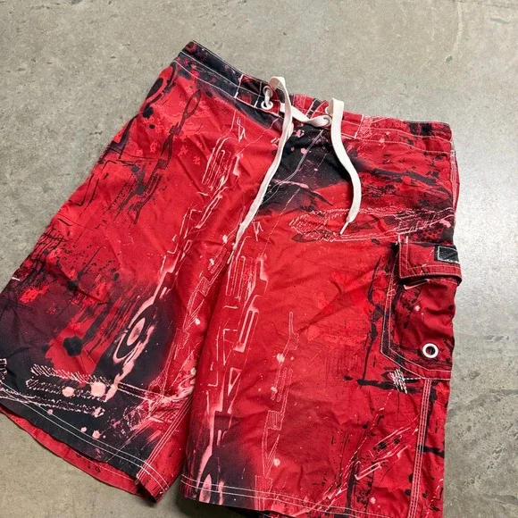 Oakley Board Shorts‎ Mens 34 Red Black Abstract Graphic Swim Trunks Cargo Pocket