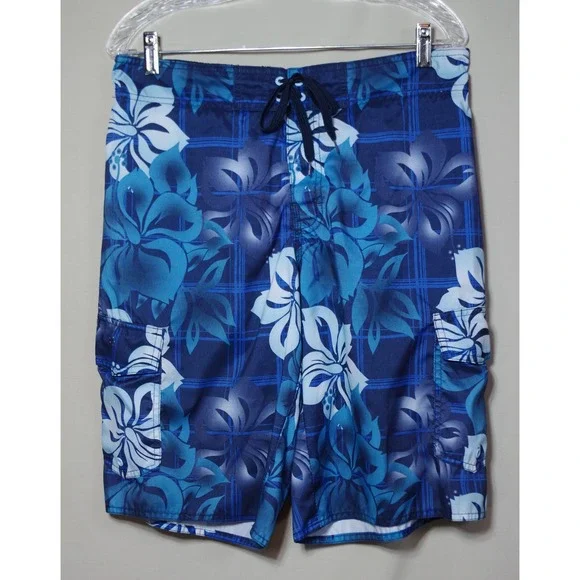Hang Ten Men's Medium Blue Hibiscus Floral Plaid Cargo Swim Trunks Board Shorts