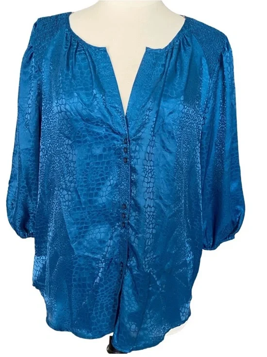 Zac‎ & Rachel Teal-Blue Satin Button Front Blouse