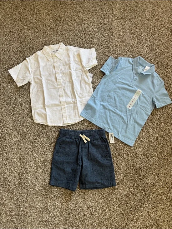 Kids 3-Piece Shirt & Short Set - White Shirt, Light Blue Polo, Navy Shorts