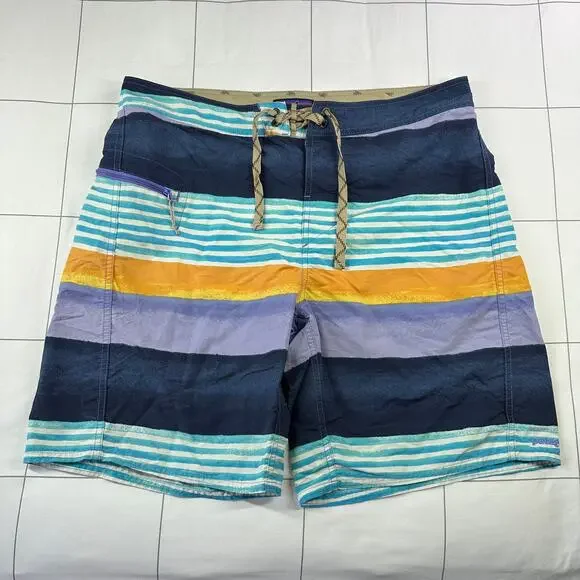 Patagonia Board Shorts Mens 35 Blue Multi Printed Wavefarer Striped Beach Swim