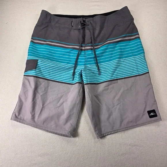 ONeill Hyperdry Mens Board Shorts Grey Turquoise Striped Swim Trunks Size 33