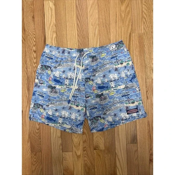 Vineyard Vines Martha's Vineyard Scene Swim Trunk Shorts Men's Size M Blue Print