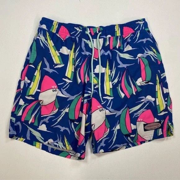 Vineyard Vines Mens Sailboat Chappy Swim Trunks Blue Pink 1M001328 XS