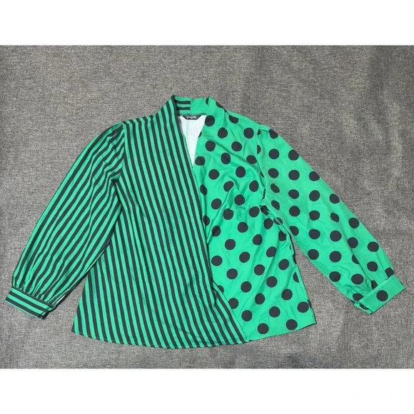 ChicMe Women's 2XL Blouse‎ Green Black Polka Dot Striped Long Sleeve V-Neck