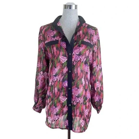 Vintage Diane Tres Polka Dot Sheer Floral‎ Button Down Blouse