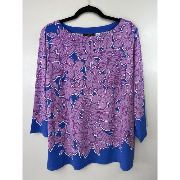 Bob Mackie‎ Wearable Art Blue Tunic W Lavender Flowers Scoopneck Size L