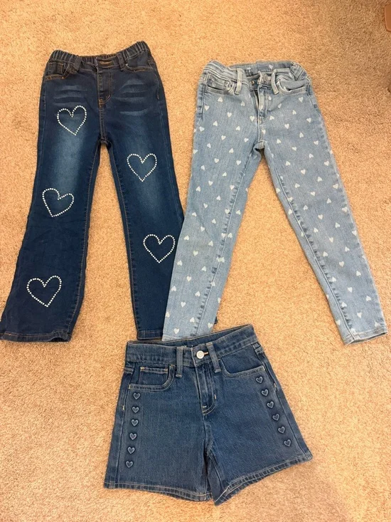 Kids Heart-Print Denim Bottoms - Dark and Light Blue Set