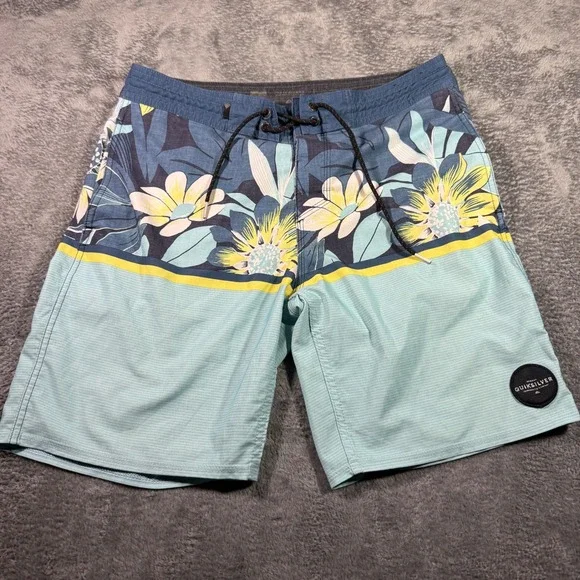 Quiksilver Mens Floral Striped Board Shorts Blue Yellow Size‎ 33 Swim Trunks