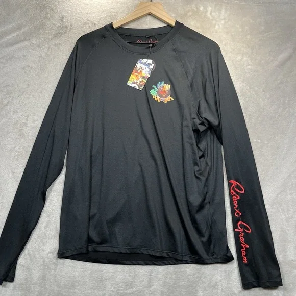 Robert Graham Shirt Mens L Black UPF 50+ Long Sleeve Rashguard Beach New $78