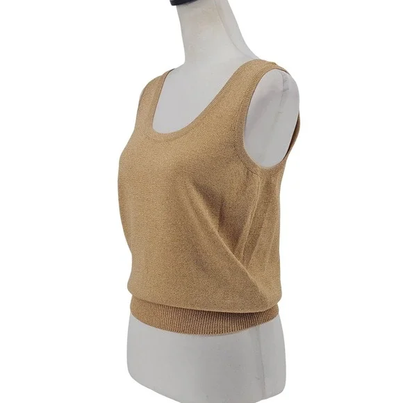 St. John Santana Knit Tank Top S Gold Metallic Shimmer Luxury‎ Scoop Neck USA