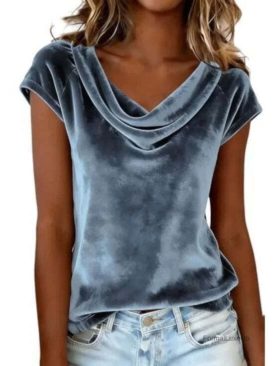Velvet Cowl Neck Blouse Loose Fit Short Sleeve Elegant Casual