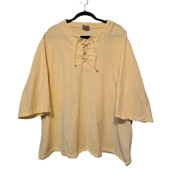 Cottonseed 100%‎ Cotton Lace Up Tunic Top Womens XXL Yellow USA Peasant Medieval