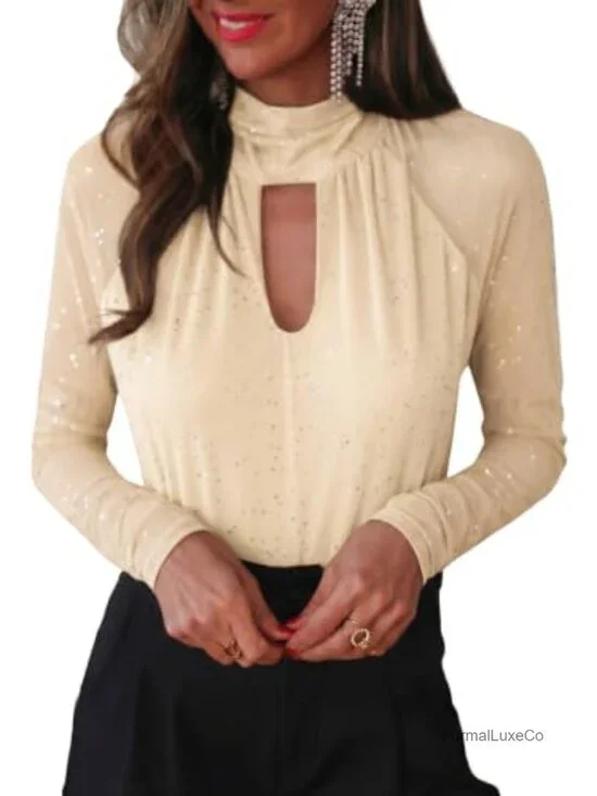Women's Long Sleeve Sequin Glitter Mock Neck Blouse Sheer Mesh Sparkly Party Top