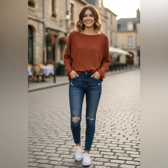 Burgundy Long Sleeve Waffle Knit Women's Top