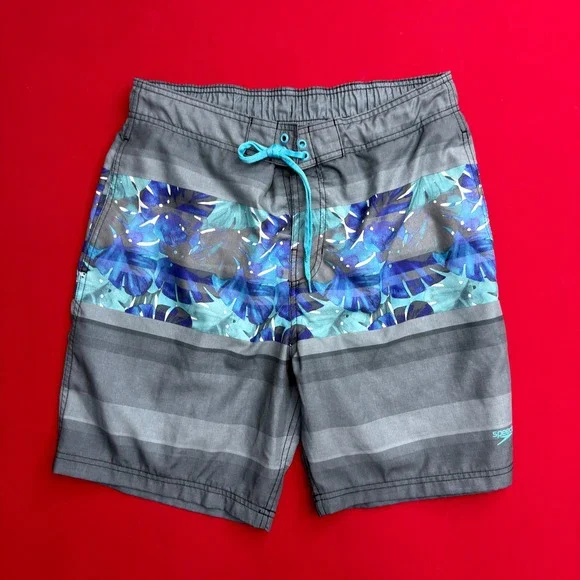 Speedo Mens Grey Blue Tropical Monstera Leaf Print‎ Board Shorts Swim Trunks 30