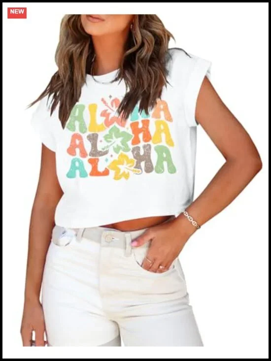 Women's Cropped Hawaiian T-Shirt Floral Graphic Beach Tee Tropical Vacation Top
