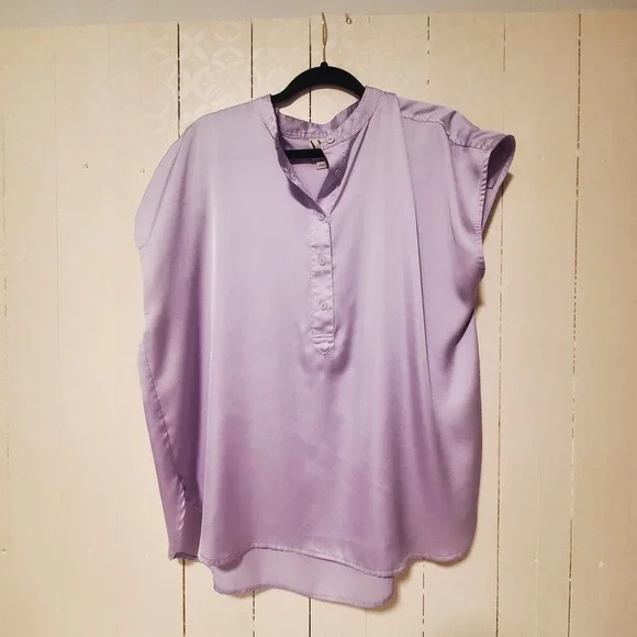 Worthington Lavender Purple Satin Cap Sleeve Blouse XL Mandarin Collar Hi-Low