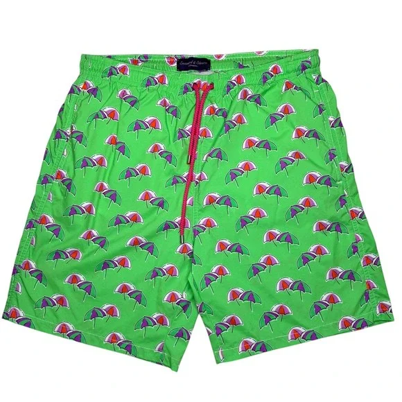 Seaward & Stearn Swim Shorts Mens L‎ Green Umbrella Print Beach Summer Tropical