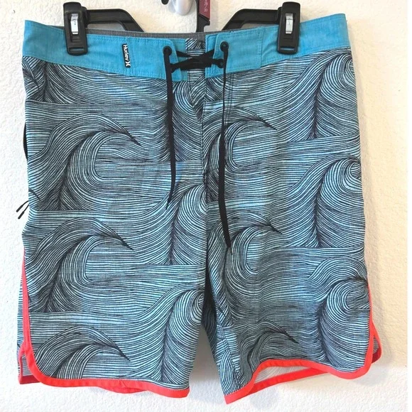 Hurley Phantom Mens Board Shorts Size 30 Blue Black Wave Print‎ Orange Trim