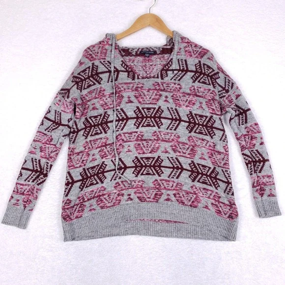 American Eagle‎ Womens Hooded Sweater Small Gray Burgundy Boho Casual