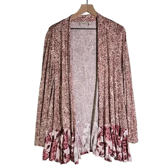 Logo Lori Goldstein Jersey Open Front Cardi Top Ruffles M‎ Rose Pink Floral