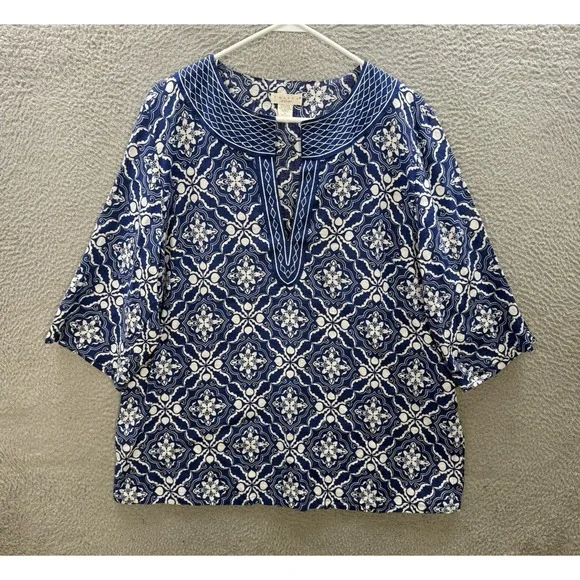 Tweeds Shirt‎ Womens 1X Blue White Geometric Embroidered Linen Blend Coastal