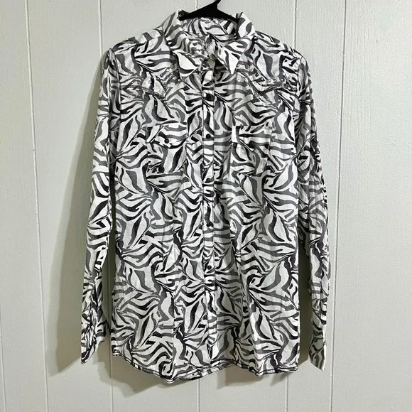 Rock 47 by Wrangler Womens Zebra Print Rhinestone Western Snap Shirt Large White