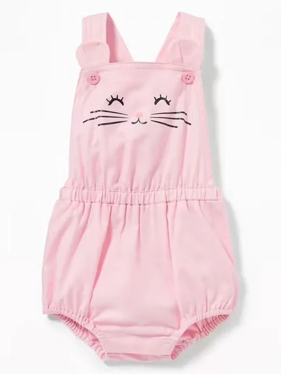 OLD NAVY Kitty Cat Bubble Romper Pink Cat Face Apron‎ Romper Cotton Size 6-12M