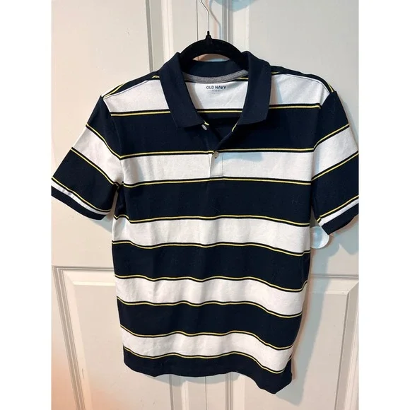 Old Navy Boys XL 14-16 Striped Polo Shirt Navy Blue White Yellow Short Sleeve