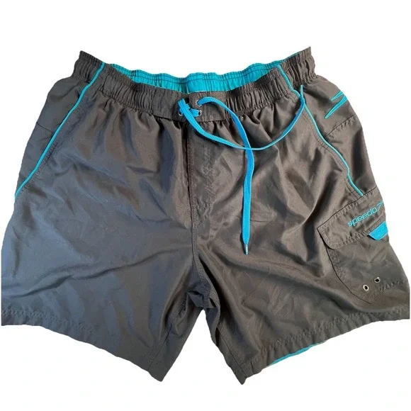 Speedo Men's Athletic Casual Swim Trunks Size L‎ Grey Board Shorts Aqua Trim