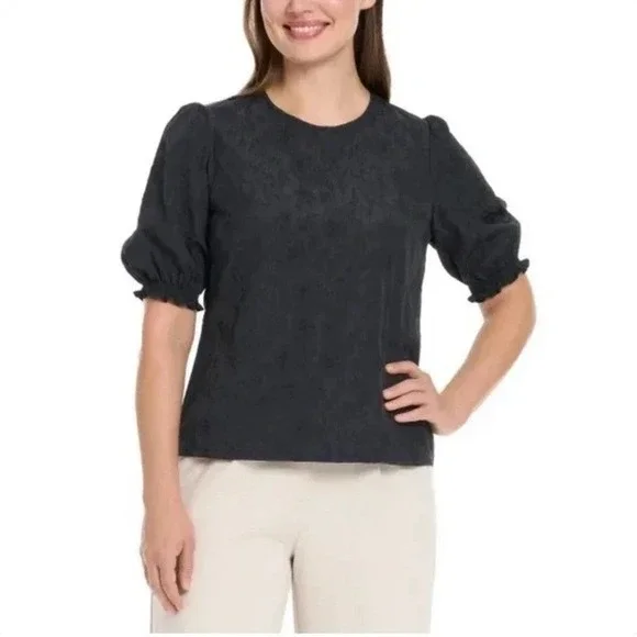 Ted Baker Women's Blouse Small‎ Embossed Puff Sleeve Minimalist Quiet Luxury