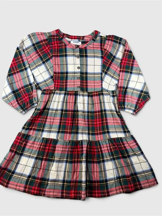 Old Navy Girls L 10-12 Plaid Tartan Tiered Dress Holiday Christmas Long Sleeve