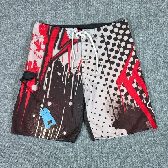 Y2K Fox Racing Mens Board Shorts Black Red Graphic Swim Trunks 34 BOTTLE OPENER