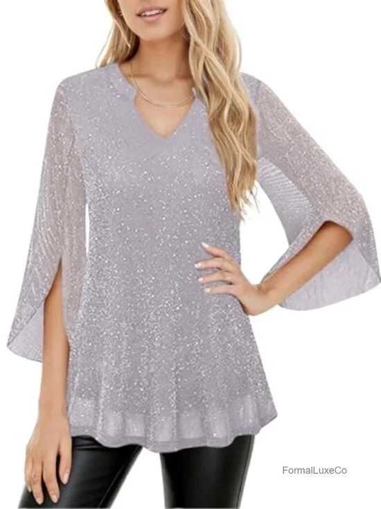 Women's 3/4 Sleeve Sparkly Mesh Glitter Tunic Top Dressy Casual V-Neck Loose