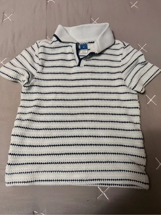 Old Navy White and Navy Striped Knit Polo Shirt