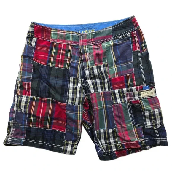 J.Crew Patchwork Board Shorts Mens‎ 32 Multicolor Cotton Nylon Plaid Swim Trunks