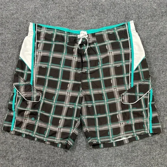 Joe Boxer Mens Swim Shorts Size XL Plaid Black Teal Drawstring Lined‎ Pockets