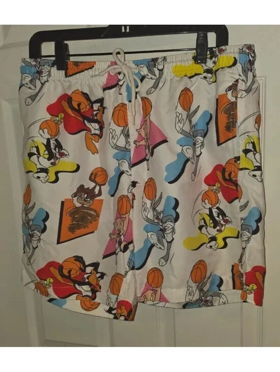 LOONEY TUNES SPACE JAM BASKETBALL PRINT SWIM TRUNKS BOARD SHORTS WHITE MULTI MED