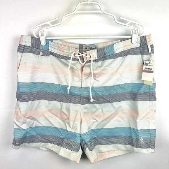 Original Penguin Men’s Striped Blue/White Multicolored Swim Shorts Size 38