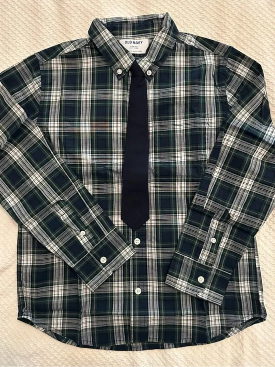 Old Navy, Built in Flex, Plaid Long Sleeve Shirt & Tie Set Sz L (10-12) NWT