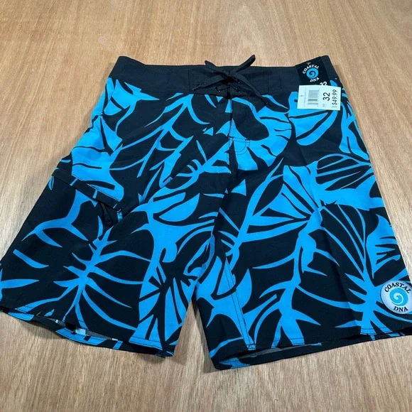 Coastal DNA Board Shorts Mens 32 Black Blue Tropical Palm Leaf 4-Way Stretch