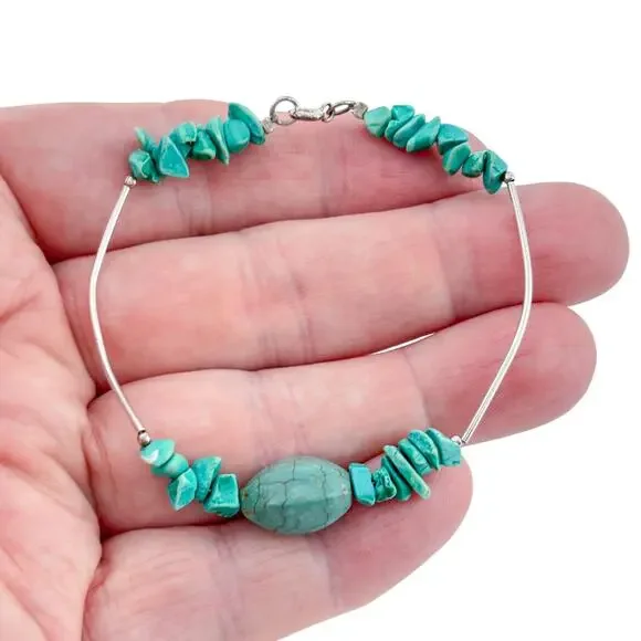 Vintage Sterling Silver 925 Turquoise Chip Bead Bracelet 7.5