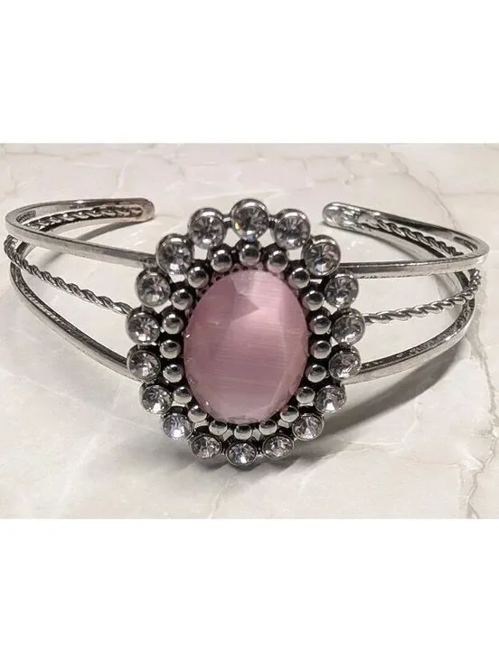 New Silver Tone Cuff Bracelet Pink Cat Eye Oval Center Stone Clear Rhinestones