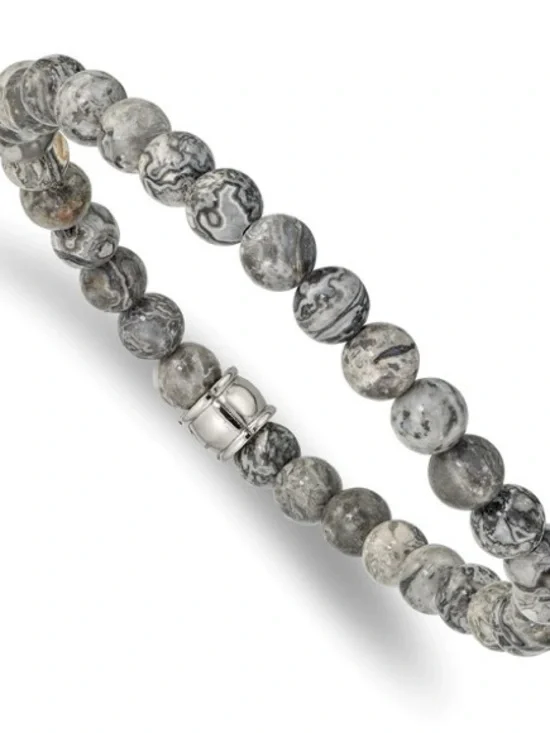 Grey Jasper Gemstone Bead Bracelet 6mm Stainless Steel Polished Stretch 7.75
