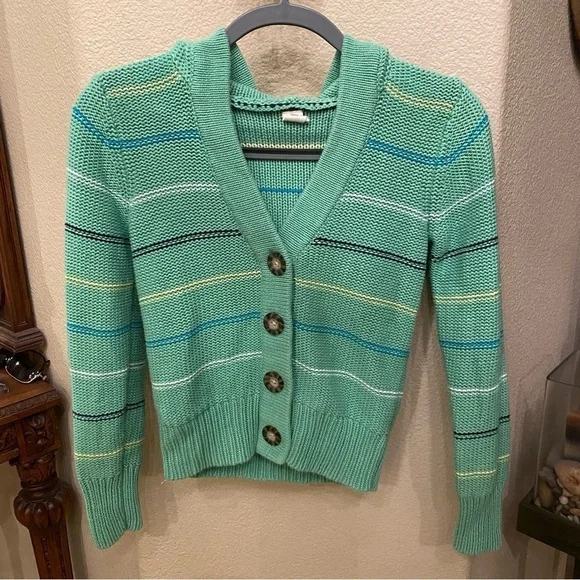 OLD NAVY Girls Kids Green Knit Striped Hoodie Cardigan Sweater Size L(10-12)